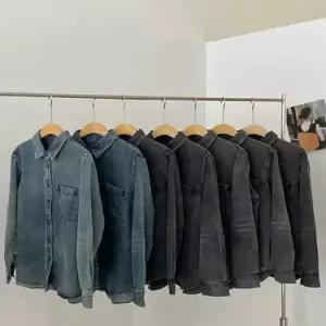 마르소 청 빈티지 캐주얼 여성데님셔츠 긴팔 무지 셔츠 터틀넥 싱글 탑 포켓 UNO1