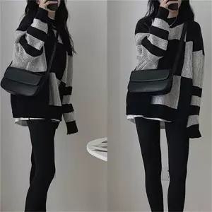 여성 루즈핏 오버 하이넥 체크 골지 데일리 니트가을 봄니트 박스 롱니트