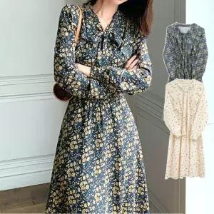 긴팔 롱 드레스 쉬폰 리본 프릴 여성 꽃무늬 원피스 롱원피스 하객룩 봄원피스 결혼식