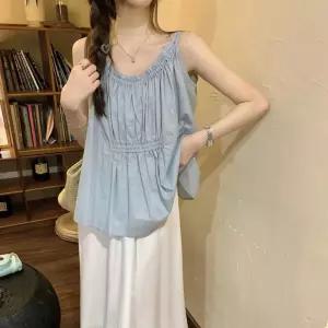 넥셔링 나시 블라우스 여성 여름 끈 민소매 세미크롭 패션 나시티 컬러