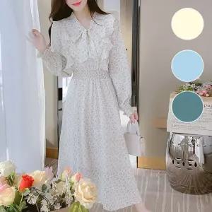 꽃무늬 긴팔 롱 드레스 밴딩 프릴 러플 봄가을 원피스 롱원피스 여성 쉬폰 하객룩