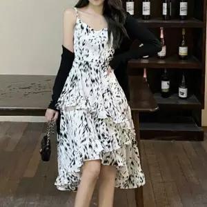 러플 플레어 서스펜더 드레스 나시 원피스 여름 코디쉬폰 꽃원피스 프릴 무늬 미니 랩원피스 리본 브이넥