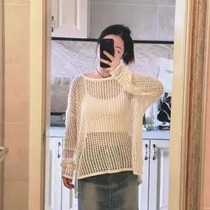 그물 망사 니트 시스루 루즈핏 니트티 얇은 펀칭 라운드 레이어드비침 여성 스타일 캐주얼 셔츠 여름아우터