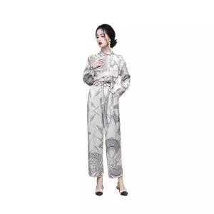 여성 로맨틱 정장 원피스 리본 상의+하이 웨스트팬츠 세트 라이트 럭셔리 프린트 탑 투피스 벨트 슬림핏