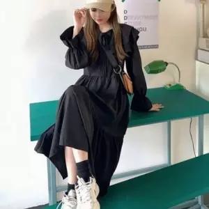 카라 블랙 롱 데일리 캉캉 프릴 가을 봄 여성 원피스 프릴원피스 카라원피스 봄원피스 가을원피스