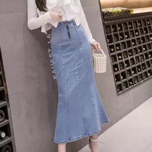 G125953 앞지퍼 데님 롱스커트 치마 청치마 여성 캐주얼 패션