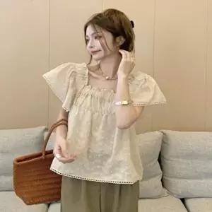 셔링 레이스 펀칭 반팔 블라우스(HSJ-WFGVDBM)