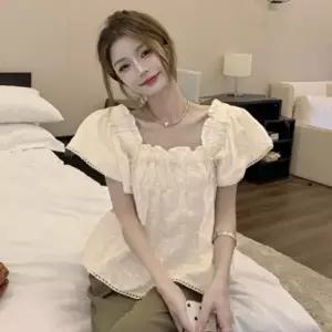 프릴 밴딩 스퀘어넥 레이스펀칭 디테일 반팔 블라우스(HSJ-WF6C620)