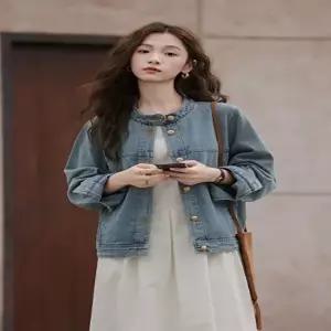 여성 골드버튼 노카라 데님자켓 스탠다드핏 청자켓 (HSJ-WFIFY65)