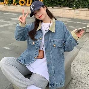 여성 페미닌 캐주얼 카라 소매 배색 청자켓 데님점퍼 (HSJ-WFG4DHW)