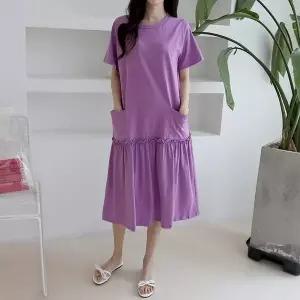 [유야]여성 면 무지 포켓 셔링 프릴 반팔 롱 원피스 -EOP0342- 빅사이즈 루즈핏 오버핏 여름