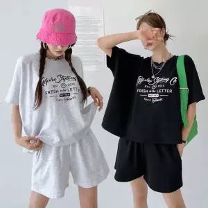 여성 프린팅 면 가오리 반팔 티셔츠 밴딩 반바지 츄리닝 세트 -WPST0048- 여름