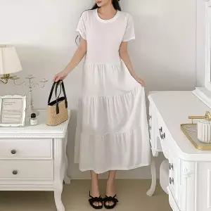 [유야]여성 면 무지 반팔 셔링 프릴 롱 원피스 -EOP0538- 빅사이즈 루즈핏 오버핏 여름