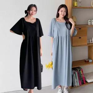 [유야]여성 프릴 셔링 반팔 롱 원피스 임부복 -EOP0551- 빅사이즈 루즈핏 오버핏 여름