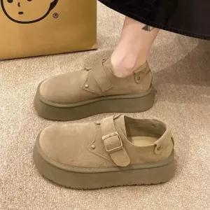 여성용 캐주얼 겨울 일자버클 통굽 선녀스타일 플랫 슈즈 세무 봄가을 프렌치 원픽3