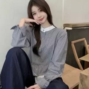 데이트룩 캠퍼스 배색 차이나카라 스트라이프 셔츠크롭 나셔츠 봄셔츠 오버핏블라우스 오버 여성 체크