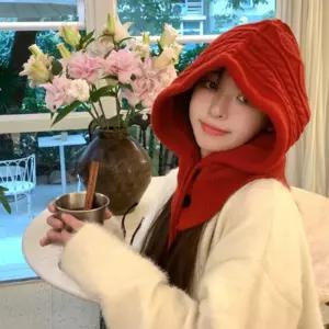 코어스 니트 후드 넥워머 여성 방한용 귀마개 단추후두모자녹색 머플러 여자블랙 목도리 겨울 바라클라바