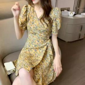 원피스 랩 반팔 브이넥 여성 치마 A라인 꽃무늬프릴 미니 리본 롱원피스 비치 쉬폰