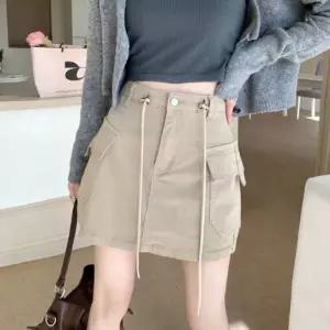 여성 빈티지 카고 스타일 허리 스트링 미니 스커트정장 샤스커트 밴딩 플리츠 A라인 랩스커트 쉬폰 치마 여