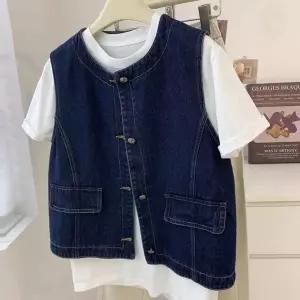 진청 데님 베스트 스티치 포인트 곡선절개 페이크포켓여성 얇은조끼 니트 캐주얼 레이어드 여름