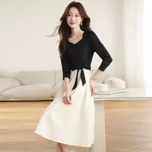 페이크 투피스 스커트 원피스 롱 가을 슬림핏 긴팔 흑백 프렌치 여자원피스 칼라 원템3