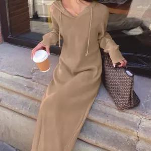 니트 롱 후드티 스웨터 원피스 연베이지 후드 간절기 레이어드