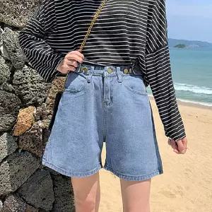 여성 단추포인트 데님 반바지 여름 캐주얼 팬츠여자 와이드 핫팬츠