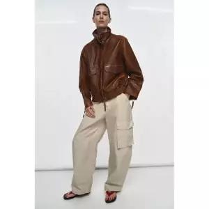 ZARA ZW 컬렉션 LIMITED EDITION 100% 가죽 봄버 재킷 - 브라운