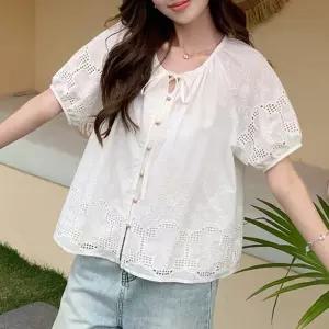 여성 레이스 자수 블라우스 펀칭 셔링 반팔 티셔츠 여름 데일리 루즈핏 캐주얼 셔츠 소매 라운드넥