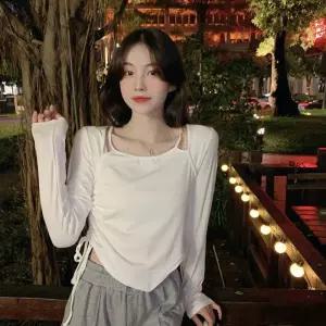 TF언밸런스숏탑 틔임 스트링 셔링 크롭티 레이어드 사이즈 오버핏 나시 니트 XL 단체 여성 라운드 S데일리