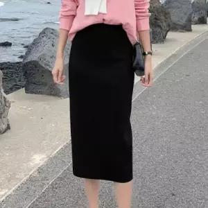 하이웨스트 여성 골지 치마 밴딩 스커트 니트 겨울 보온 롱스커트 코디