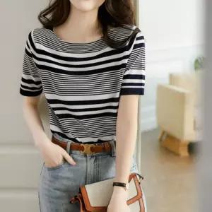 스트라이프 쿨링니트반팔 여름 패션 캐주얼 니트티 팔티 여성 여자 라운드