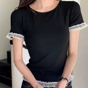 레이스 레이어드 슬림핏 반팔 NM-0135포인트티셔츠 여성 패션 라운드넥