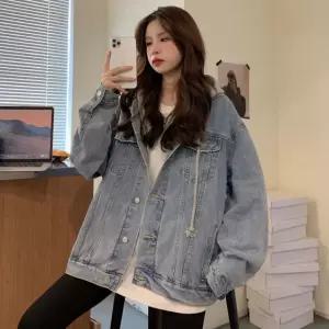 쿨샵 여성 데님자켓 탈부착 후드 오버핏 캐주얼자재킷맨투맨 티셔츠 긴팔 핏티 빅사이즈 데일리 남여공용