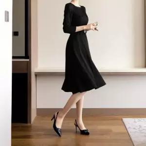 여성 원피스 스커트 검정 봄가을 A라인 정장 U넥 커리어 사각넥 7부소매 원픽1