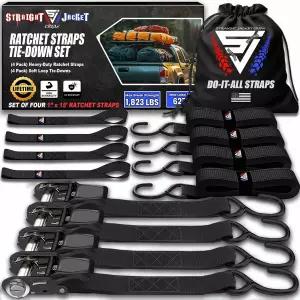 래칫 타이 다운 스트랩 4팩 - 1 823파운드 최대 브레이크 강도 포함 4 헤비 듀티 1인치 x 15인치 후크 및