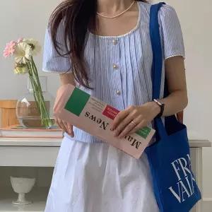 블루 스트라이프 블라우스레이스 여름 봄신상 예쁜 여성 여자 라운드 반팔 블라