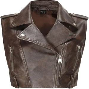 여성용 인조 가죽 조끼 지퍼 크롭 민소매 바이커 모토 슬림 PU 오토바이