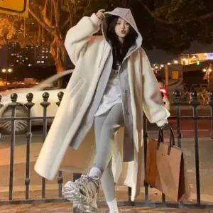 캐주얼 여성 양털 뽀글이 후드 롱 점퍼 코트뽀이 리스 뽀이 재킷 모자