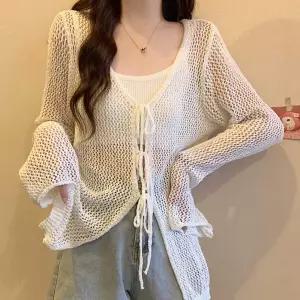 시스루 펀칭 니트 스트링 가디건 여름 긴팔 바캉스룩여성 여름용 얇은 카디건 루즈핏 여성롱 숏가디건 로브