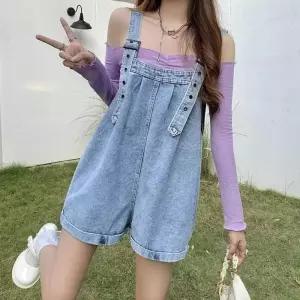 여성 멜빵 통 바지 캐주얼 롤업 데님 팬츠 반버뮤다 버뮤다반 청반 여자반 반바지