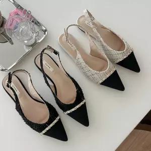 트위드 디자인 발등 체인스트랩 포인트 로우 슬링백힐구두 투톤 망사 플랫 통굽 미들 라탄 스틸레토 발편한