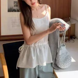 루즈핏 시스루 허리 스트링 나시 블라우스 2컬러셔링 블라우스탑 민소매 리조트룩 여행 여성 신상