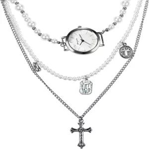 Avaner 여성용 실버 시계 목걸이 파티 의상용 크로스 스테인리스 스틸 쿼츠 펄 라인스톤 펜던트