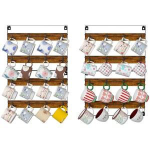 러스틱 우드 커피 머그 랙 - 주방, 가정, 바, 사무실을 위한 월 마운트 컵 홀더 선반 보관(4팩, 32개의 머그컵 보관)