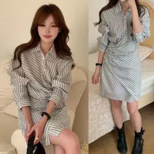 여성 랩디자인 H라인 스트라이프 셔츠 원피스카라 가을신상 벨트 긴팔 가을롱 바스락 원피스