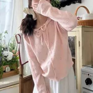 데일리룩 데이트 출근 루즈핏 숏 후드 가디건여성니트 겨울 금장 레이어드 라운드넥