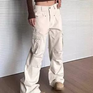 Y2K 스타일 로우라이즈 여성 와이드핏 카고 팬츠 여자 벌룬 스트릿 크림 아이보리바지 배기 멀티포켓 빅포