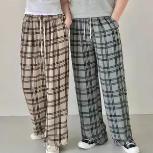 커플룩 남녀공용 여름 가벼운 루즈핏 체크 와이드팬츠바지 밴딩 파자마 잠옷 홈웨어 이지웨어 스판 긴바지