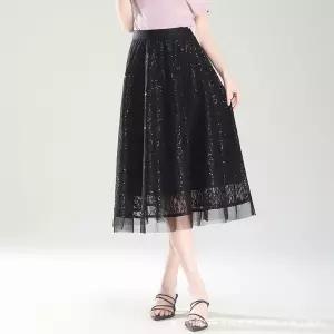 여자스커트 A라인 스타일리쉬 스팽글 망사 스커트 여름 허리밴딩 슬림핏 롱 원템1
